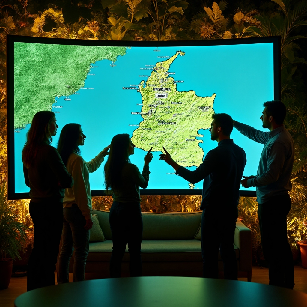 Team of Colombian economists collaborating around a large data display in a green office