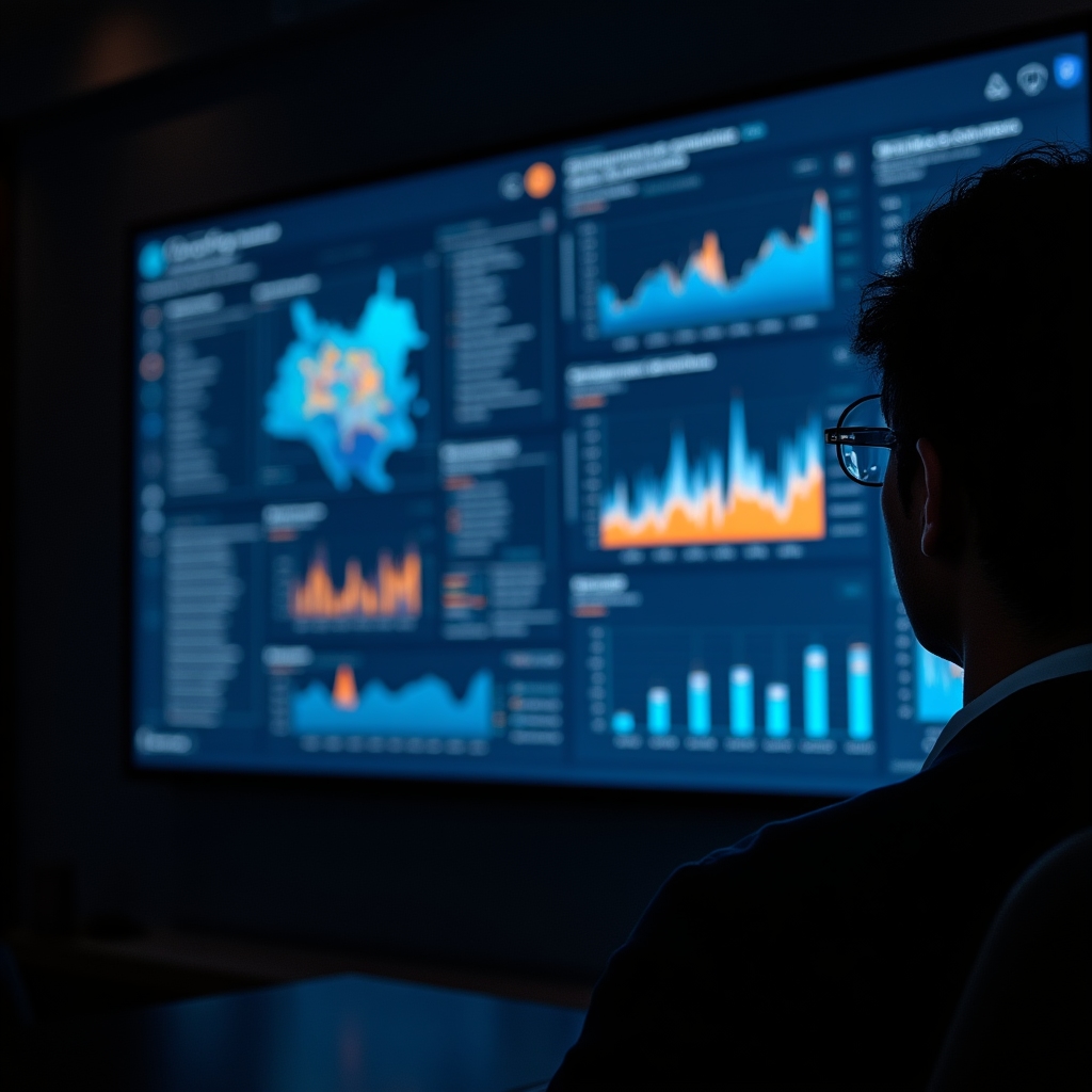 Large screen showing Colombian economic data visualizations and charts