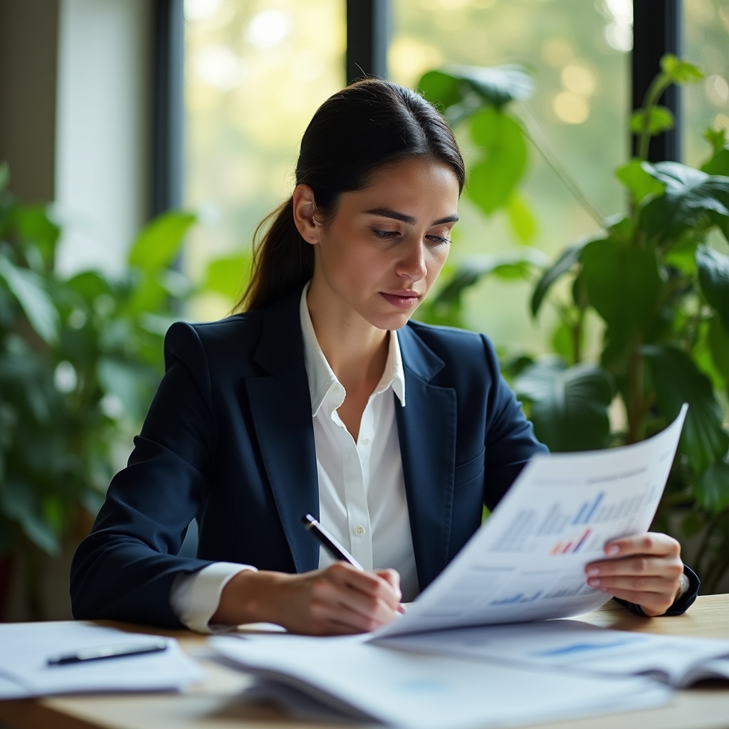 Colombian professional reading economic reports at a modern sustainable office desk