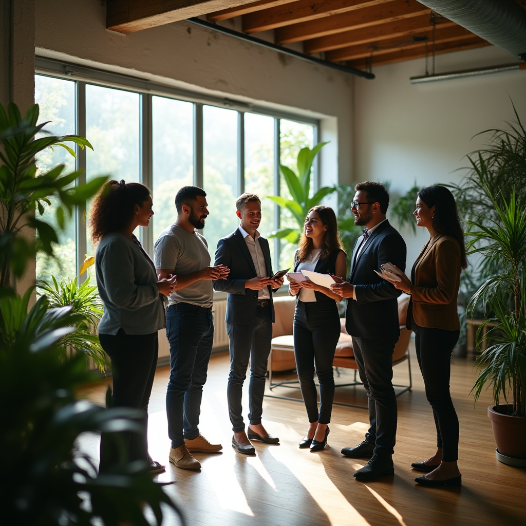 Group of Colombian professionals in animated discussion about economic topics in a modern space