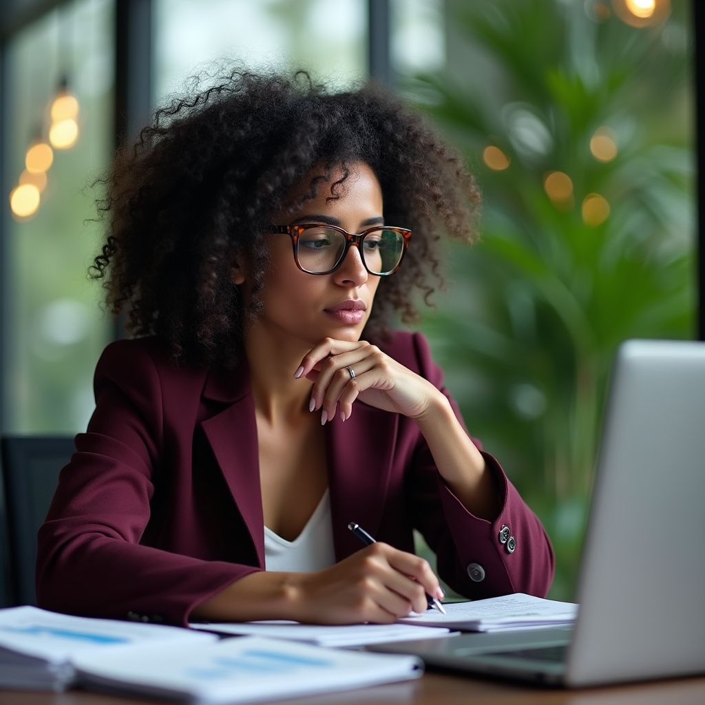 Economista realizando investigación profunda rodeado de informes y datos en una oficina sostenible